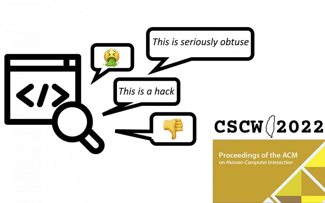 Image showing destructive criticism comments in software code review and CSCW 2022 and PACM HCI logos