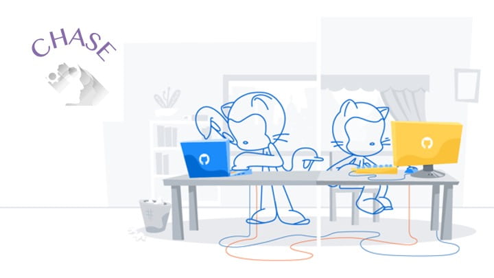 CHASE logo and picture of two GitHub octocats on computers